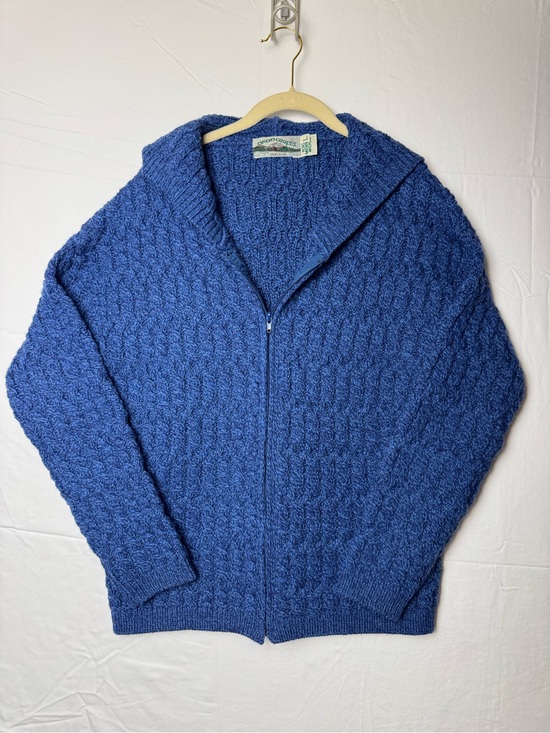 Aran Crafts Sweaters - Aran Crafts Irish Wool Blue Hooded Zip-Front Cable Knit Cardigan Large